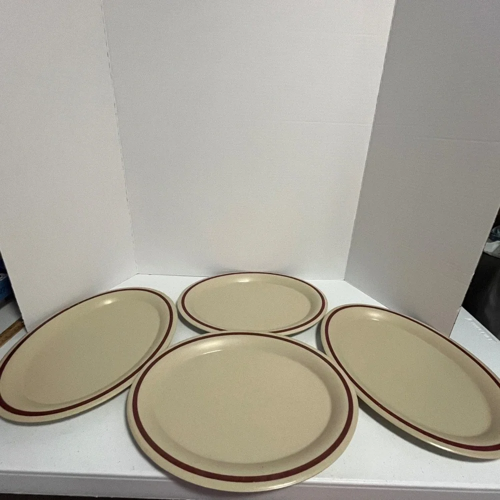 Vtg G.E.T. Melamine Dinner‎ Plates Set of 4 Tan Brown Rim Rest. Ware Oval READ